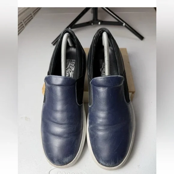 Salvatore Ferragamo Men Sz 8.5 EE Loafers navy leather uppers slip-on sneakers - Picture 9 of 13